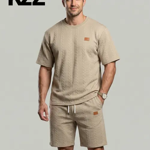 KZZ Menswear Men's 2 Piece Sets - Shortleeve Crew Neck Plain Textured Patched Tee, Drawstring Waist Pocket Above the Knee Shorts, Simple Regular-Fit Summer Casual Outfit