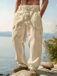 2026 Fashion Comfy Men's Linen Cargo Trouser Pants for Outdoor Beach, Drawstring Multi-Pocket Straight Leg Breathable Classic Casual Long Pants