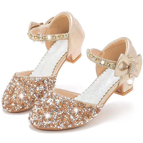 Girls' Fashionable Bowknot Sandals - Toesafe Close Toe, Glitter Straps, Rhinestones, Bow-Top Charm, Glitter-Bow Shine, Hook-and-Loop Closure, High Heels, Formal Party Wear for 10 Toddler/Big Kid, Indoor/Out Grip