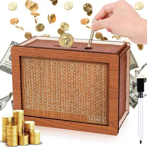 Premium Wooden Rectangular Cash Vault Piggy Bank - $10,000 Savings Challenge Money Box with Lid, Coin Storage, Progress Tracking, Home Decor Supply, Kids' Birthday Gift