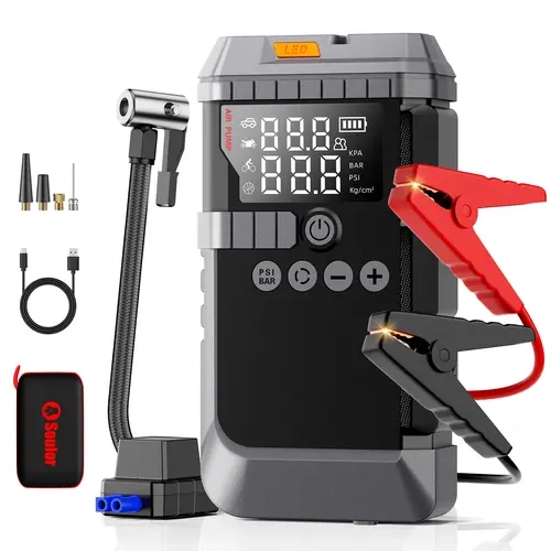 Soulor Portable 3000A Car Jump Starter with Air Compressor 160PSI Tire Inflator, 12V Battery Booster Large Capacity Power Bank with LED Emergency Light and Smart Jumper Cables for Cars SUVs Trucks