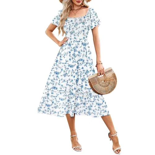 AUSELILY Women's Square Neck Summer Empire Waist Dress Smocked Flutter Short Sleeve Midi Dresses 2026 New
