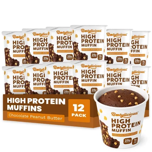 Bootylicious Protein Muffins, Chocolate Peanut Butter, 12-Pack | 25g Protein, High Fiber, 7g Net Carbs*, 200 Calories or Less | Baking Snack