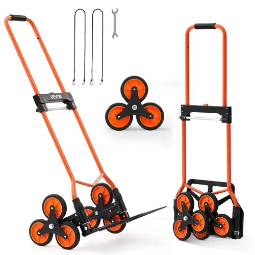 VEVOR High-Capacity Multi-Function Sturdy Foldable Stair Climbing Cart - Carbon Steel, Telescopic Handle, 6-Wheel Tri-Wheel Base, 2 Bungee Cords, Grip & Cushion Roll, Full-Open Size Trunk-Sized Fold, Steady Performance Dolly for Home, Groceries#SohoChic
