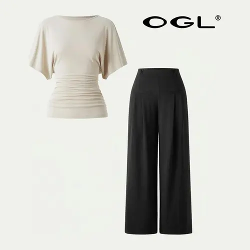 OGL Boatneck Batwing Side Ruched Top & Mid Rise Wide Leg Trouser with Pockets Fall Deals For You