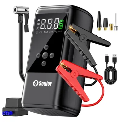 Soulor 9-in-1 3000A 12V Car Jump Starter, Built-in 160PSI Tire Inflator & Air Compressor, LED Light, Large Capacity Portable Power Bank, for Motorcycle, Car, SUV and 6.0L Diesel Engines