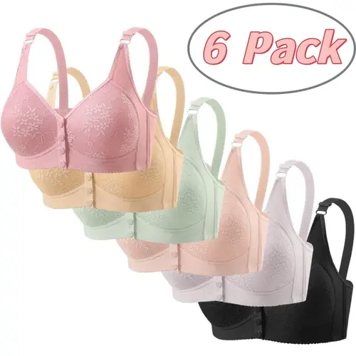 6-Pack/3-Pack Luxury Front Closure Underwear Wire-Free Sports Bra with Push-Up Support Lingerie Thin Cotton Fixed Cups Breathable Adjustable Comfort Fit Mom Tank Style Women's Innerwear for Daily Wear and Active Lifestyle -RR