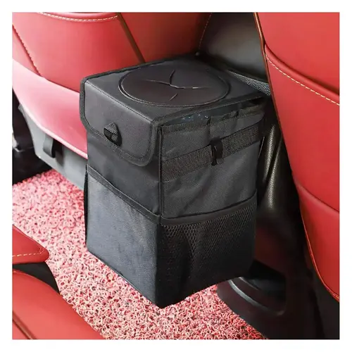 Car Trash Can with Lid and Storage Pockets - Large Capacity Leak-Proof Garbage Can for Car, Durable Denim Cloth Bin, Auto Accessories Vehicle Organizer with Additional Storage for Automotive Interior Tidying
