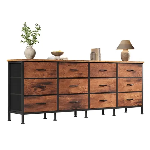 Sweetcrispy Sturdy Modern MDF+Fabric Farmhouse Rectangular TV Stand - Furniture, 80-in TV Console Cabinet, 12-Drawer Storage Dresser, Metal Frame, Adjustable Feet, Anti-Tip Safety, 25min Setup for Living Room