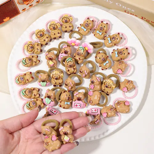 Women's 40PCS Bagged Hair Rubber Bands Set - Cute Cartoon Capybara Animal Design, Resin Ribbed & Towel Hair Tie Accessories for Casual Beach, Anniversary, Graduation, Ceremony Hairstyling