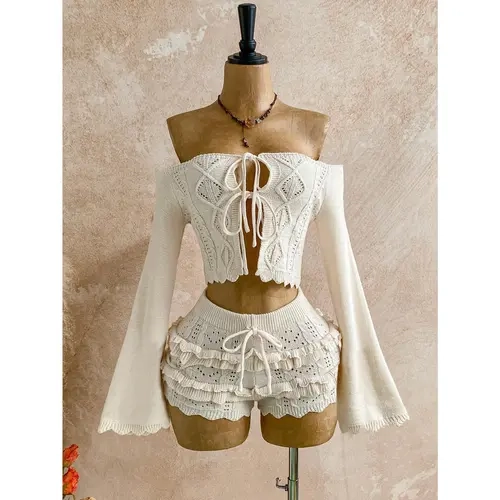 Women's 2-Piece Stretchy Sweater Set - Chic Off-Shoulder Cropped Knit Top with Adjustable Tie-Up & Matching Flat Shorts, Customized Breathable Going Out Outfit for Birthday Parties