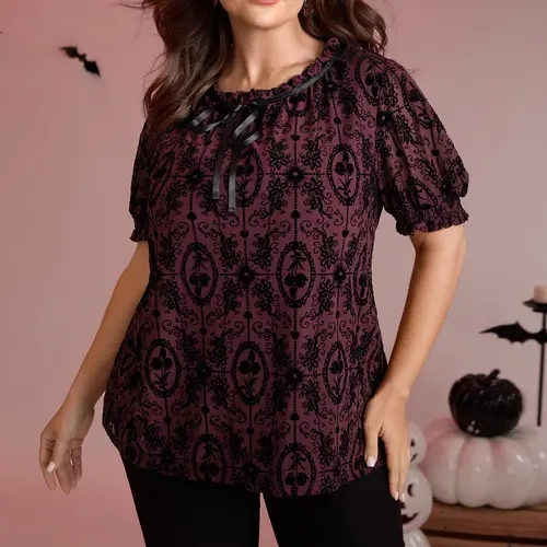BloomChic Flocked Texture Shirred Contrast Blouse 【M-6XL】