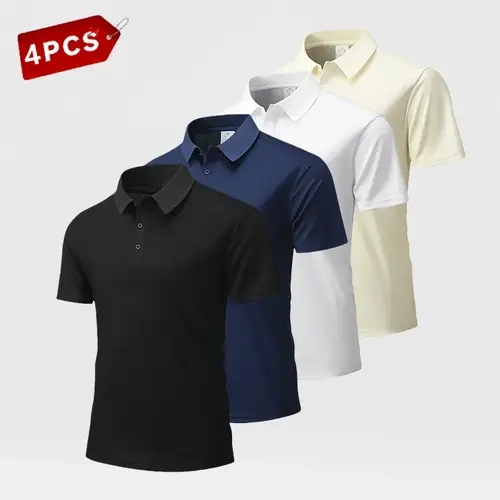 Men’s 4-Pack Short-Sleeve Solid Color Polo Shirts - Stylish, Practical Menswear Sets, Versatile Button-Up Tops for Smart Casual Wear, Jeans/Shorts Ready