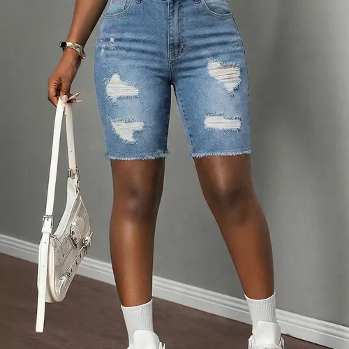 Women's Summer Denim High Waisted Jeans, Casual Fashion Jeans, High Elasticity High-Waist Slim Fit Pants, Washed Blue Ripped Design, Casual Style Womenswear Bottom