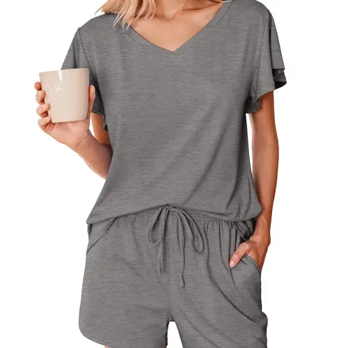 Ekouaer Women's Cute 2-Piece Pajama Set - V-Neck Ruffled Sleeve Top, Pocketed Shorts, Soft Breathable Lightweight Spandex Fabric, All Seasons PJ Sets for Women, Multi-Size Options (Check Size Chart)