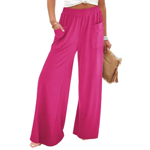 GRAPENT Women's Basic Elastane High Waist Wide Leg Pants - Smocked Elastic Waist, Baggy Palazzo Bell Bottom Pull-On, Casual Chic Trousers for Back to School First Day Outfits, Women's Clothes
