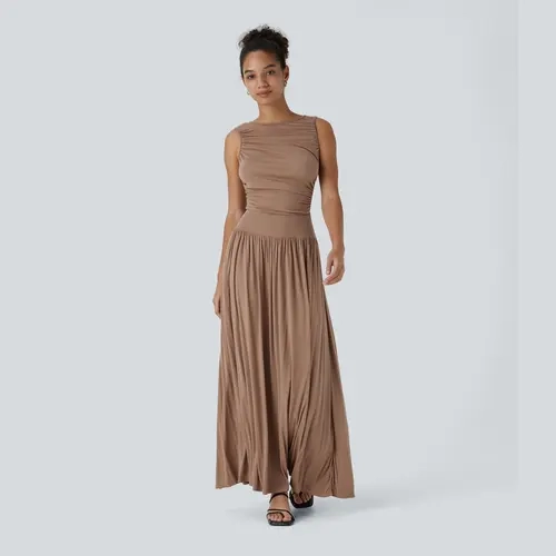 Halara Ribbed Boat Neck Asymmetric Strap Ruched Side Pocket Flowy Maxi Casual Dress