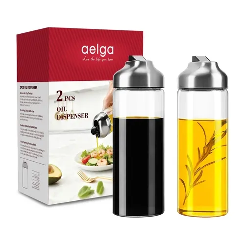 Thick Glass Oil and Vinegar Dispenser Bottles Set - 14 oz Wide Mouth, Stainless Steel Lids, Silicone No-Drip Kitchen Utensils, 2-Piece Olive Oil Containers for Kitchen,sohochic
