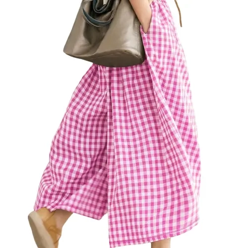 Women's Gingham Plaid Capri Pants Cotton Linen Wide Leg Palazzo Trousers Elastic Waist Pockets Summer Casual Outfit Gift Vintage Culottes Breathable Bottoms