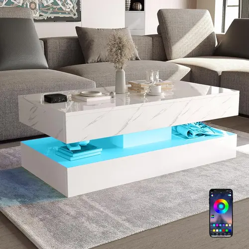 Modern High-Gloss White LED Coffee Table - 2-Tier Rectangle Indoor Furniture with 2 Storage Drawers, Marble-Print Elegance, Wipeclean Top, Remote Control, 4-Mode LED Moods, 20-Color Mood Light, Couch/Tea/Office Ready, Living Room Decor, Assembly Required
