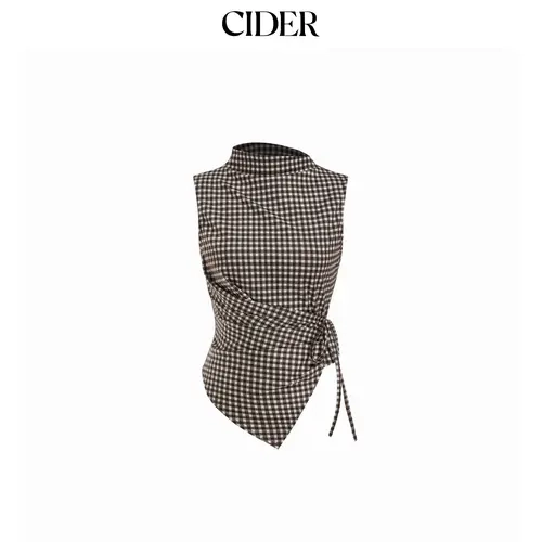 Cider Gingham Stand Collar Asymmetrical Hem Ruched Knotted Top