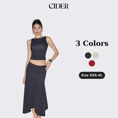 Cider Vintage Polka Dot 2-Piece Set for Beach Holiday, Elegant 2-Piece Outfits, Ladies Boat Neck Top, Ruffle Skirt, Vintage Lady Blouse