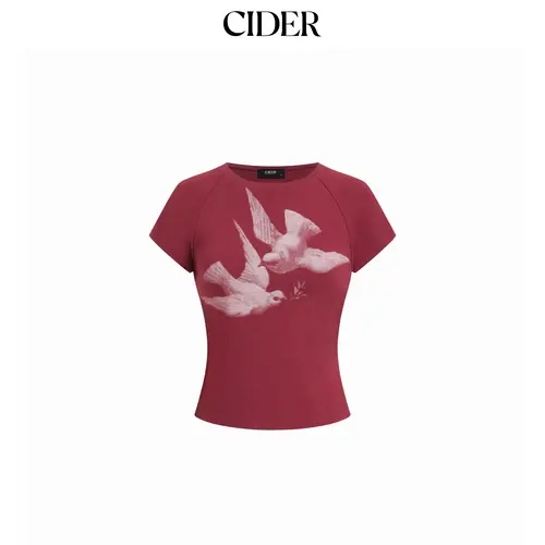 Cider Bird Graphic Cotton Raglan Sleeve Crop Tee