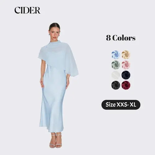 Cider Satin High Neck Cape Sleeve Maxi Dress Dealsforyou