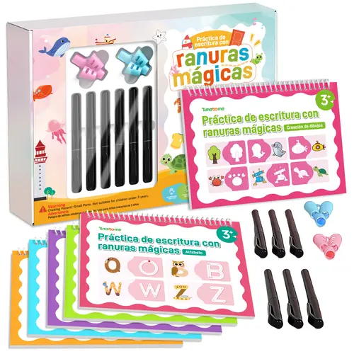 TIMETOME Spanish Reusable Grooved Handwriting Workbook for Kids, Learning Materials, 6 Books–Early Elementary, Covers Math, Words, Drawing –Gift for Children Preschool Alphabet Tool Classroom Supplies，summer learning workbook