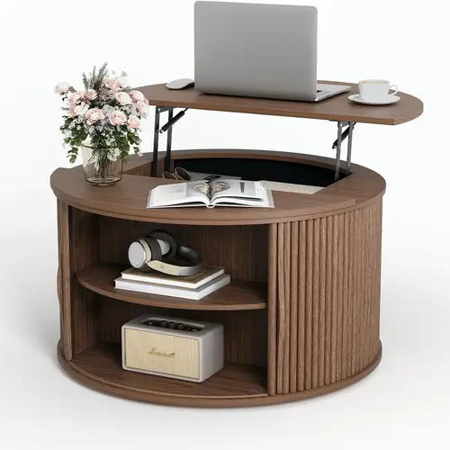 SULIVES  31.5" Round Coffee Table with Lift-Top & Flip-Top Storage, Modern Accent Fluted Coffee Tables with Metal Frame, Wooden Circle Center Table for Living Room Small Space Apartment Office