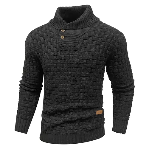 Zaitun Men's Slim Fit Twist Textured Patched Shawl Collar Knit Top - Longsleeves Casual Plain Sweater, Stretch Fabric, Ribbed Cuffs, Button Detail, Fall/Winter Wear, Hand Wash, No Bleach, Dinner Outing Gift, Layer with Jackets/Coats, Pair with Jeans