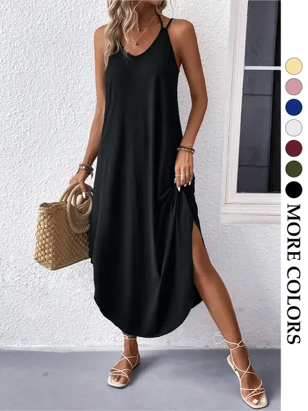 Women's Plain Minimalist V-Neck Sleeveless Dress, Loose Fit Hidden Fat Covering Irregular Hem Split, Fashion Slimming Casual Wear Long Dress