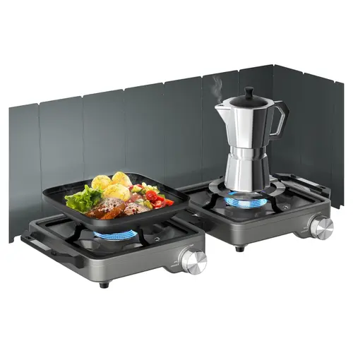 Portable Foldable Dual 2-Burner Propane Camping Stove - 27000 BTU Heat, Outdoor Cooking Equipment, Windshield, Carry Bag, Easy Setup/Maintenance, Stainless Steel, 2.2" Cookware Fit for Camping, Tailgating, Compact Storage