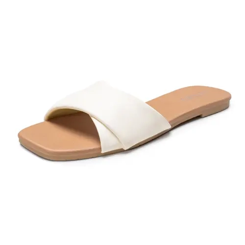 FITORY Women's Soft PU Leather Square Toe Cross-Strap Slide Flat Sandals - Low Heel Minimalist Casual Wear Sandals for Summer Daily Fashion Footwear, Low Heel Sandals, Minimalist Sandals