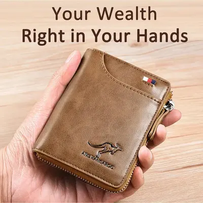 Men's Slim Fit PU Leather Bifold Wallet - RFID Blocking RFID Card Holder, Waterproof, 14-Card Multi-Slotted Zipper Wallet, Compact Front Pocket Sports & Outdoor Accessory