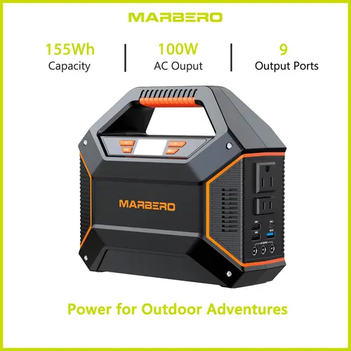 MARBERO 155Wh Lithium-Ion Portable Power Station, 9 Port Power Hub with 2x100W AC Outlets (150W Surge Start), Built-in LED Flashlight - Rechargeable Battery Operated Emergency Hub for Camping, Home Use