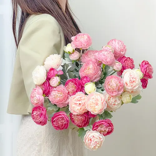 molilito Premium Silk Ranunculus & Peony Eternal Flower Bouquet - Pink, Cream White, Dusty Blue, with Boxes, for Wedding Bridal, Bedroom & Entryway Decor, Realistic Faux Gift Blooms