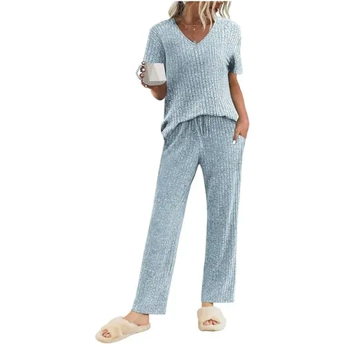EKOUAER women's two-piece short sleeved top and cropped pants casual wear and S-XXL comfortable and soft casual wear light spring and summer set