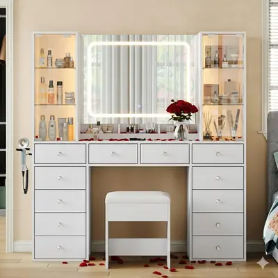 FUSOU Sturdy Makeup Vanity Desk with Lighted Vanity Mirror, 12 Drawers, Charging Station, 2 Glass Cabinets, 3 Color Modes, Adjustable Brightness, Glass Top & Chair for Bedroom Dresser Organization (Shipped in 2 Packages)
