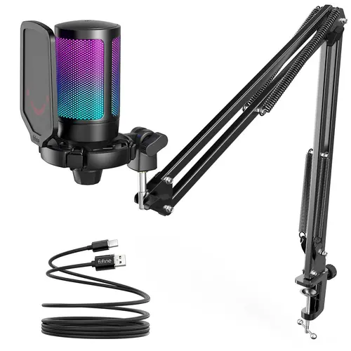 Fifine A6T USB Type-C Gaming Condenser Microphone Kit with Changing RGB Lights, 192kHz High Sample Rate, Mute Function, Adjustable Boom Arm, Desk Clamp, Pop Filter, Cable - Windows Streaming Accessory for Content Creators, PC, PS4/5 Audio Gear