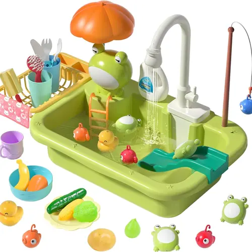 Cute Stone Kids Pretend Play Roleplay Kit - Upgraded Electric Faucet, Running Water, Detachable Drain Rack, Floating Fish, Mini Cooking Set, Vanity, Eco-Friendly Plastic Cups/Plates/Brushes, 16x12x5 inches, Safe for Ages 6+ Yrs, Girls' Fun Toy Gift, aa