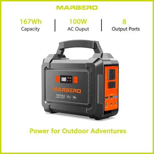 MARBERO 167Wh Portable Power Station with 2 x 100W AC Outlets (150W Surge) 8 Output Ports Built-in Flashlight for Home Camping Power Outages Emergency Rechargeable Battery Operated Rechargeable Battery Pack outdoor gadgets, High Power Portable, Usb Power