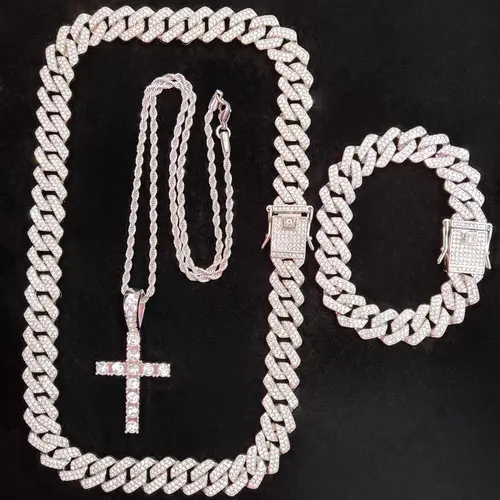 Rhinestone Cross Pendant Chunky Chain Necklace & Bracelet for Women & Men (3counts), Necklace And Bracelet Set, Fashion Jewelry for Party, Daily Clothing Decor, Birthday Gift,  Charm Necklace