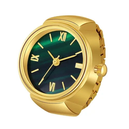 Women's Gold-Tone Casual Trendy Wristwatch - Green Roman Numeral Round Dial, Water Resistant, Adjustable Stretch Band, Comfy All Day Stylish Wrist Watches, GF Gift Fashion Accessory