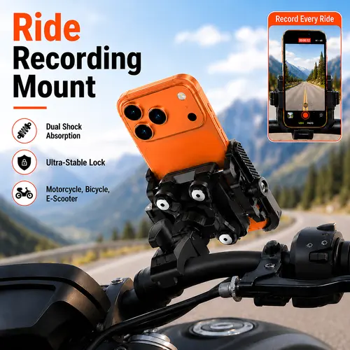Lamicall Motorcycle Mobile Device Mount Accessory - Dual Anti-Vibration Shock Absorber, Protective Full Coverage, 360° Secure Holder, Easy Installation, Handheld Stand for iPhone 17 Pro/16/15/14/13, 4.7-6.7in Cellphones