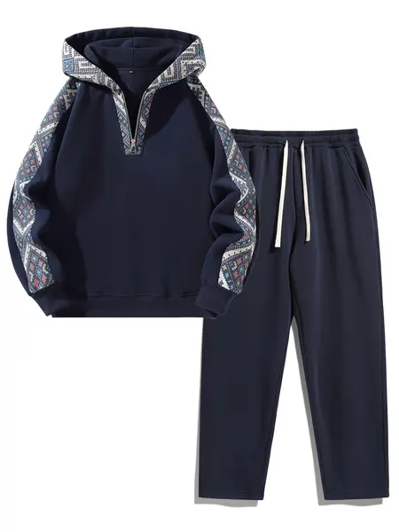 Men's Plain Two-piece Sweatsuit Set, Basic Regular Fit Casual Drop Shoulder Half Zip Zippers Long Sleeves Fitted Hoodie & Pocket Drawstring Elastic Sweatpants, Men's Clothing