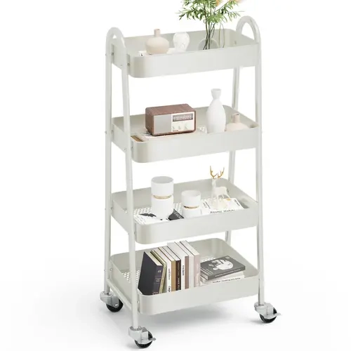 Sweetcrispy 4-Tier Shelf Under Desk Mobile Utility Cart - Metal Lockable Organizer, 4-Layer Storage, Hanging Holder, Transport Wheels, 44lbs Max Load for Office/Home/Classrooms Storage Organization