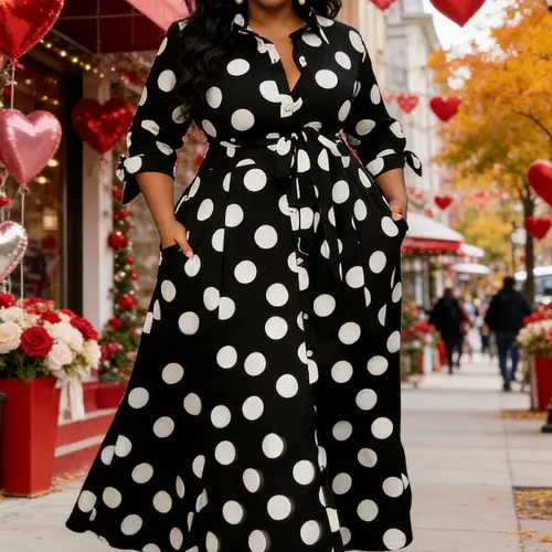 Long Maxi Dress with Belted Waist, Three-Quarter Sleeves, All over Print, Elegant Style, Plus Size, Unlined, Plain Surface