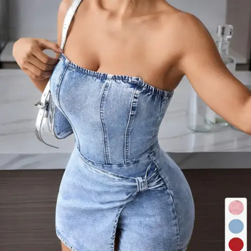 ✨ Women's Tube Top Denim Light Wash Short Dress | Twisted Front Strapless Sleeveless Design, Summer Hot Girl Essential