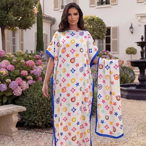 Elegant All-Over Printed Robe Set, Long Dress & Headscarf, Beach Sun Protection Satin Scarf, Women's Fashion Accessory, Boho Frenchy Style